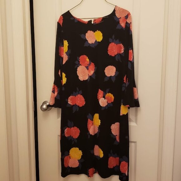 Tommy Hilfiger Black w/ Florals Round Neck Mid length Bell Sleeve Dress - Picture 1 of 3